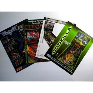 Pinball Flyers Lot Of 4 Games Batman DK Corvette Harley Davidson Godzilla #63